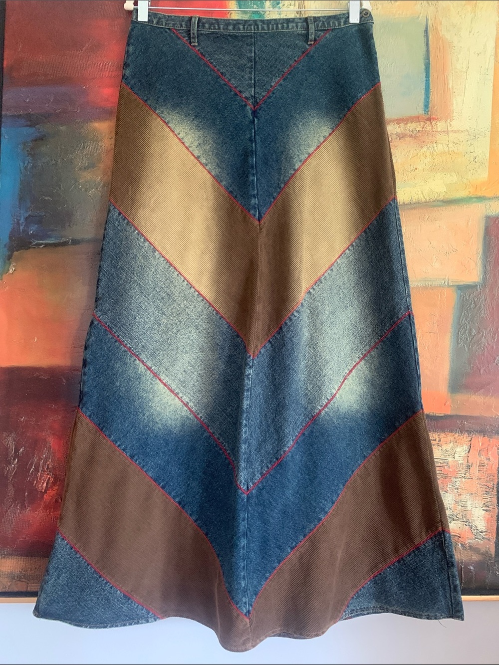 Vintage Y2K Armor Jeans Patchwork Denim Corduroy Chevron Maxi Skirt, Sz 9/10